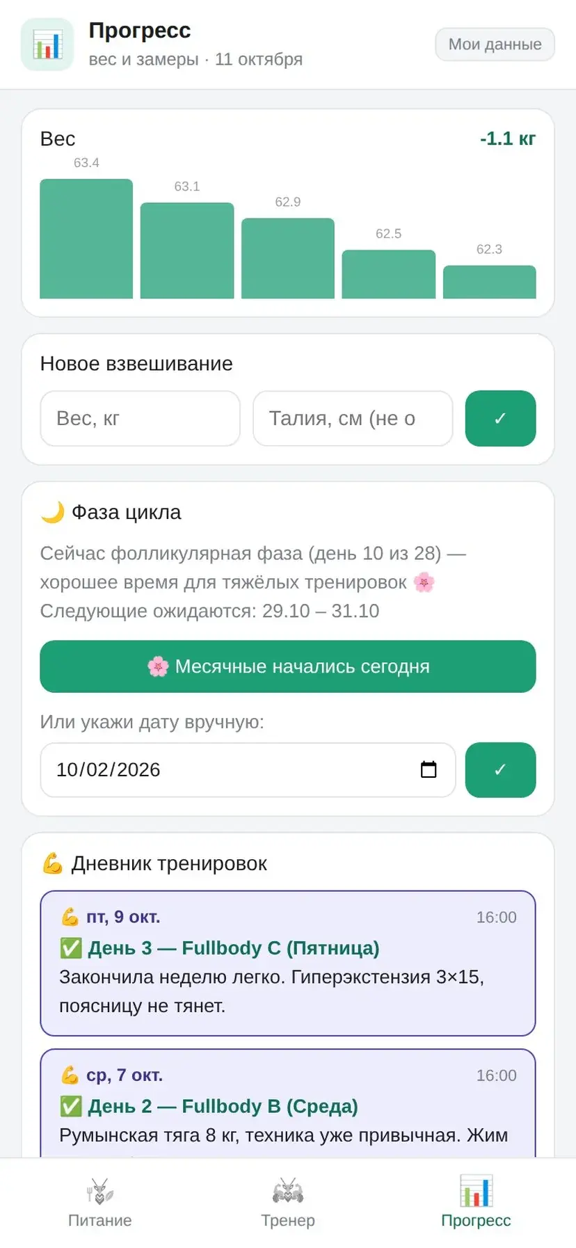 Прогресс: вес, замеры, фаза цикла, дневник тренировок